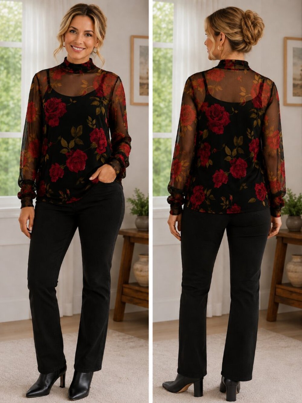 🌹Susan Graver Floral Mesh Mock Neck Top & Tank Black Red Roses Size M